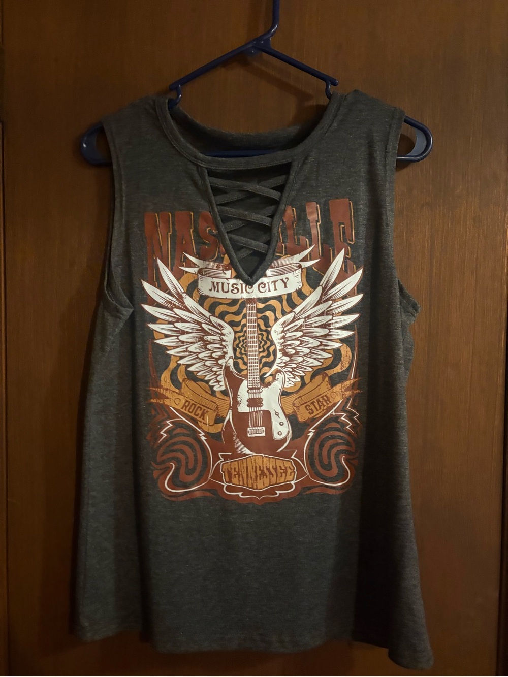 Nashville Music City Graphic Lace-Up Tank Top - Gray
